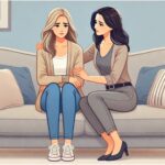 A woman comforting another distressed woman on a couch.