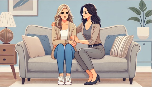 A woman comforting another distressed woman on a couch.