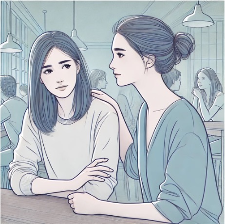 Two women sitting in a busy café, one offering support to the other who appears distressed
