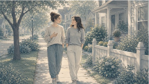 Supportive friend giving undivided attention to a person with schizoaffective disorder as they take a neighborhood walk