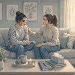 Woman offering emotional support to her friend struggling with schizoaffective disorder
