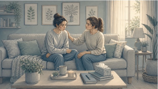 Woman offering emotional support to her friend struggling with schizoaffective disorder