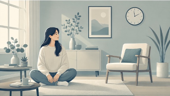 Illustration of a calm living room with a clock, framed wall art, and chair, showing grounding through attention to visible objects. 