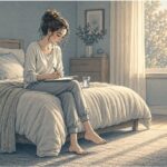 Woman using expressive writing in a journal to process trauma at home without therapy
