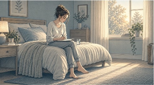 Woman using expressive writing in a journal to process trauma at home without therapy