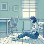 Woman sitting on the floor holding her chest.