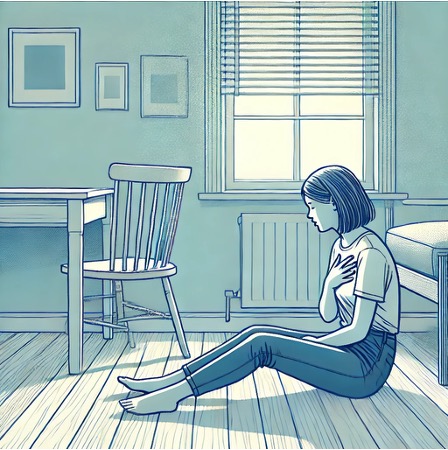 Woman sitting on the floor holding her chest.
