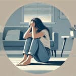 Woman sitting on the floor in distress, holding her head in her hands.