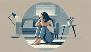 Woman sitting on the floor in distress, holding her head in her hands.