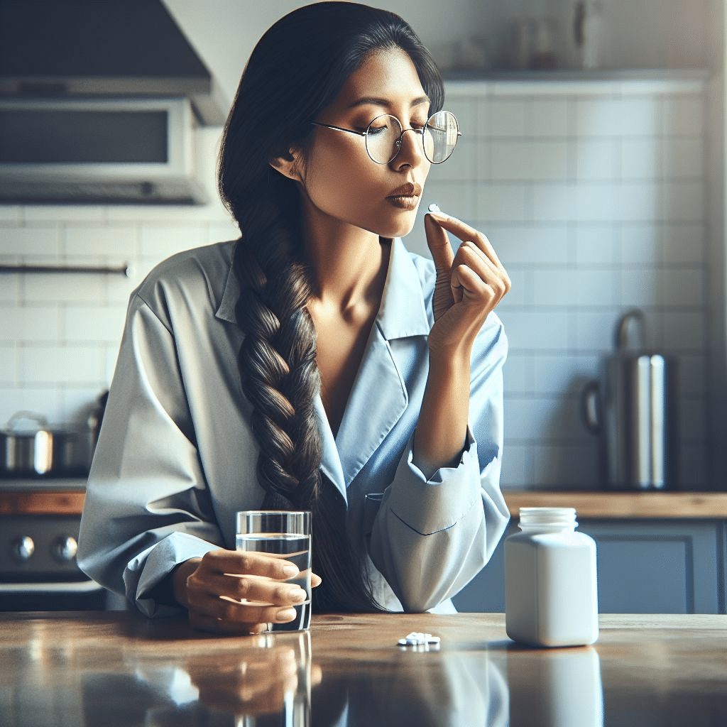 A woman with a glass of water in one hand and a pill in another, sitting by a table.