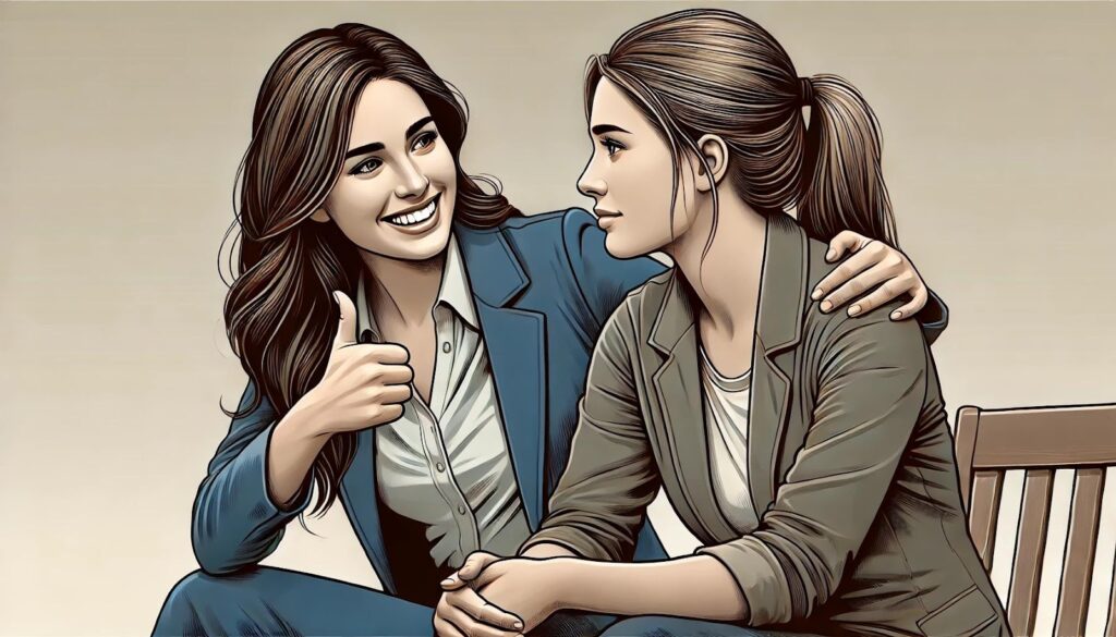 A supportive friend is shown comforting another person by giving a thumbs-up.