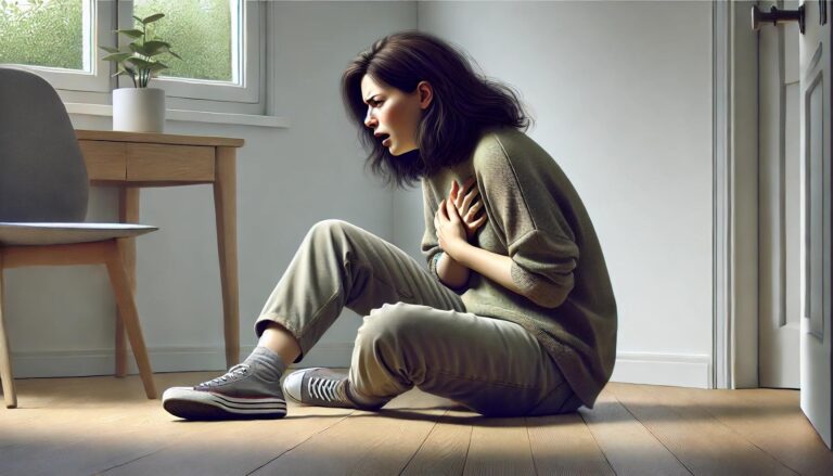 Woman sitting on the floor holding her chest.