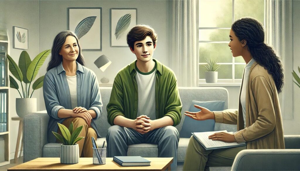 A counselor discussing with a young boy and his parents.