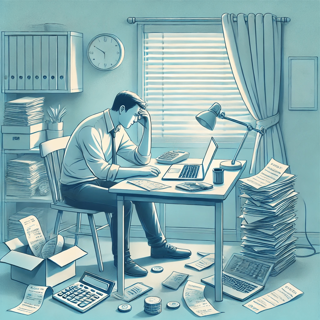 A man overwhelmed by financial paperwork.