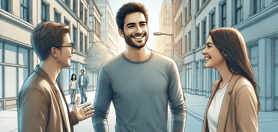 A person smiling and talking with friends while walking in a city street.