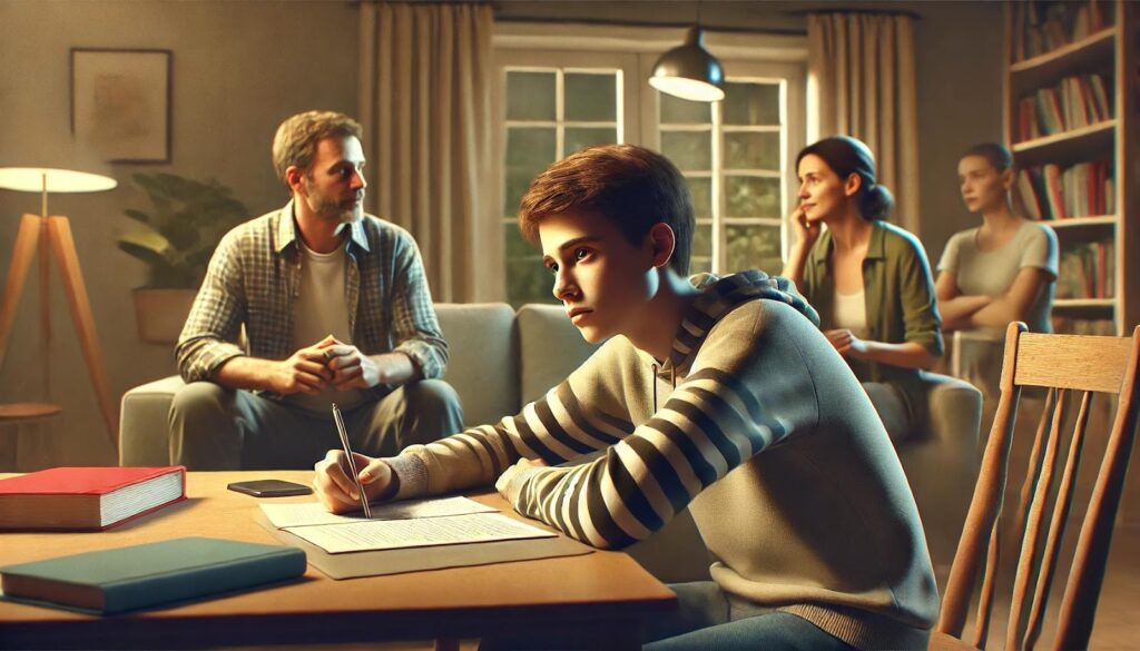 A young boy and his family in discussion.