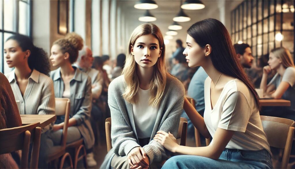 Two women sitting in a busy café, one offering support to the other who appears distressed.