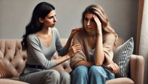 A woman comforting another distressed woman on a couch.