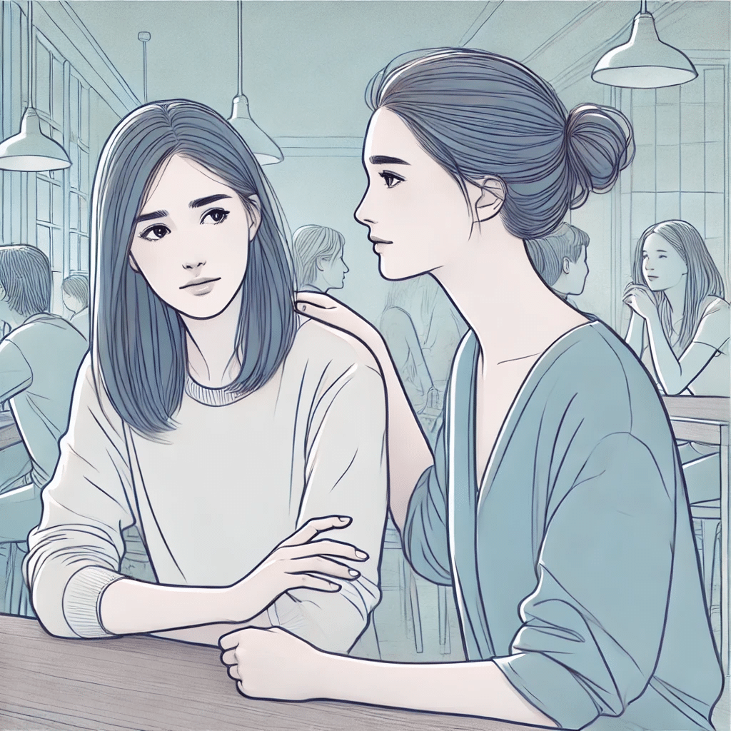 Two women sitting in a busy café, one offering support to the other who appears distressed.