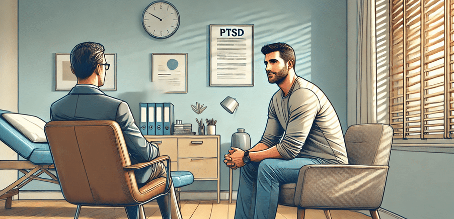 A therapist in an office talking to a patient about PTSD treatment options.