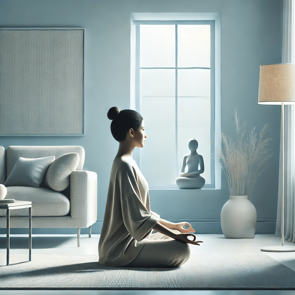 A woman meditating on a rug.