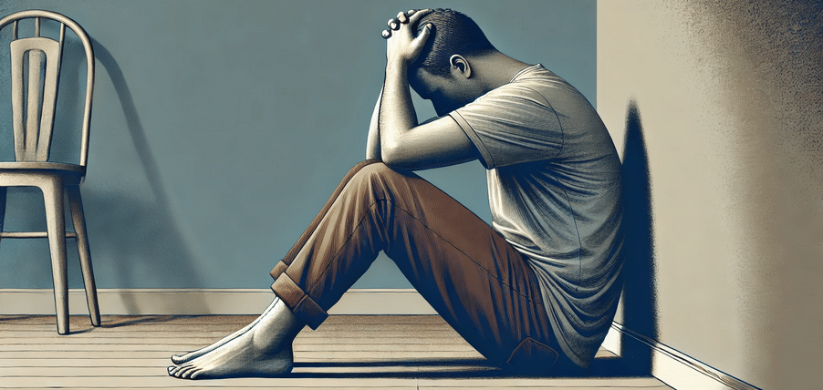 Person sitting against a wall, holding their head in distress.