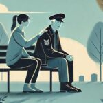 A woman sitting beside a veteran on a bench.