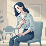 Woman clutching her chest while sitting.