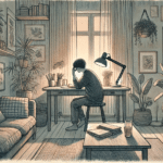 illustration of woman at desk with head in hands, wondering, "Can anxiety cause memory problems?"