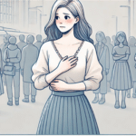illustration of woman alone in a crowd, holding hand over chest, looking anxious, wondering the difference in panic vs anxiety attacks