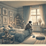 illustration of a person sitting on the edge of their bed, contemplating learning some severe anxiety coping tips to better their life