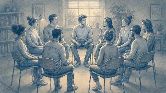 A group of people sitting in a circle, undergoing therapy 
