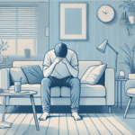 Illustration of man sitting on couch with head in his hands, living with ADHD without medication