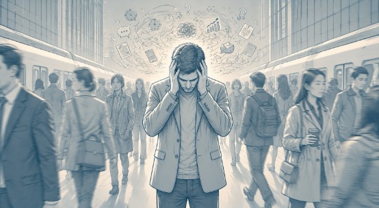 A man walking through a crowded city, feeling lost in thought.