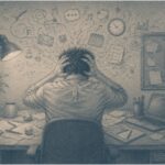 A man at a cluttered desk.
