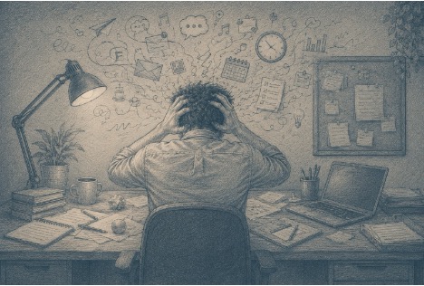 A man at a cluttered desk.