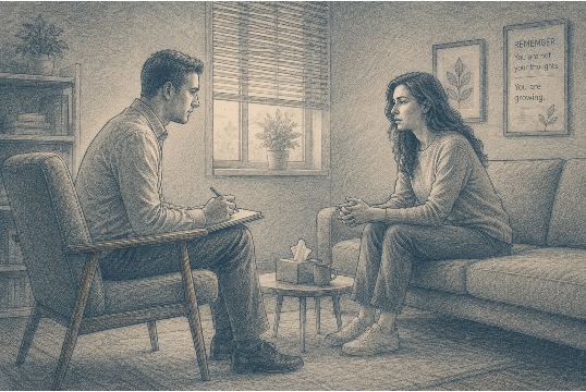 A therapy session between a mental health professional and a client experiencing complex PTSD 