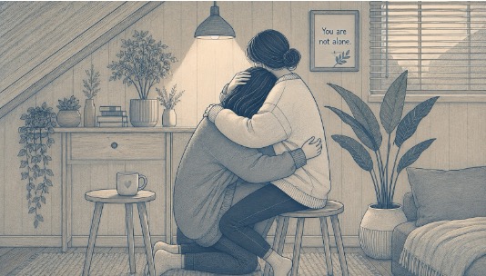 Person comforting her traumatized friend with a hug