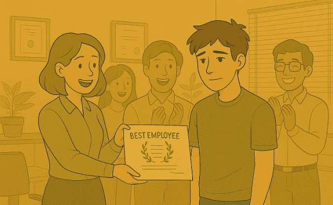Colleagues presenting a Best Employee certificate to a young man in an office setting