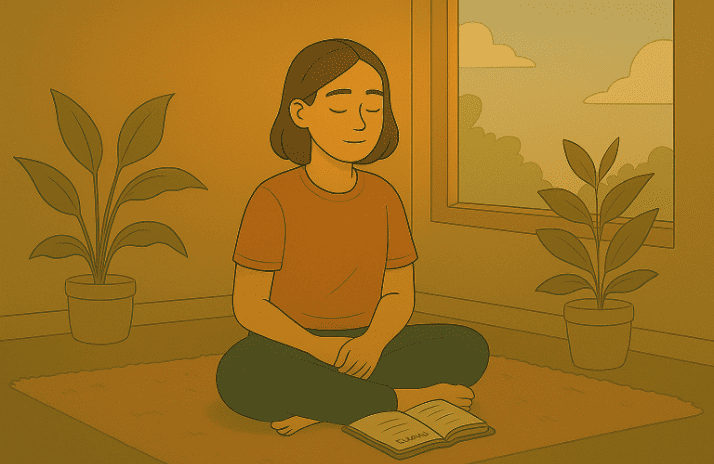 A woman sitting peacefully on the floor, reading a book surrounded by plants.