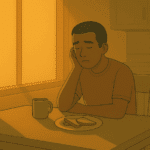 A person looking down sadly at breakfast by a sunny window, showing signs of low mood.