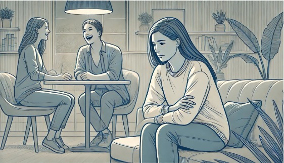 An illustration of a woman suddenly becoming sad during a happy conversation with friends.