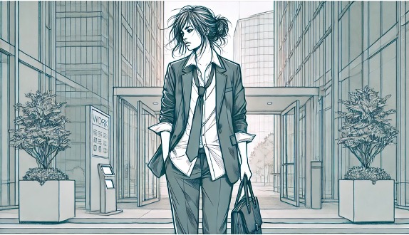 An illustration of a woman dressed in corporate attire but looking shabby and unkempt as she walks to work.