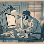 illustration of man in his 30s at desk with head in hands, wondering, "Can ADHD get worse with age?"