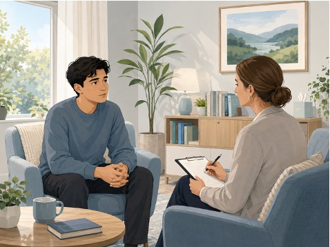 Illustration of a young man consulting a mental health professional for early assessment and personalized psychosis treatment recommendations.