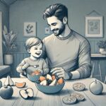 Illustration of a man looking happily at his child while eating healthily, exploring the link between adhd and nutrition