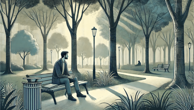 A man sitting on a park bench thinking about his life