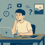 Illustration of boy at computer with floating icons, symbolizing ADHD vs autism cognitive and sensory differences