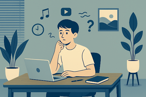 Illustration of boy at computer with floating icons, symbolizing ADHD vs autism cognitive and sensory differences