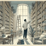 An illustration of a man researching ADHD paralysis vs executive dysfunction in the library